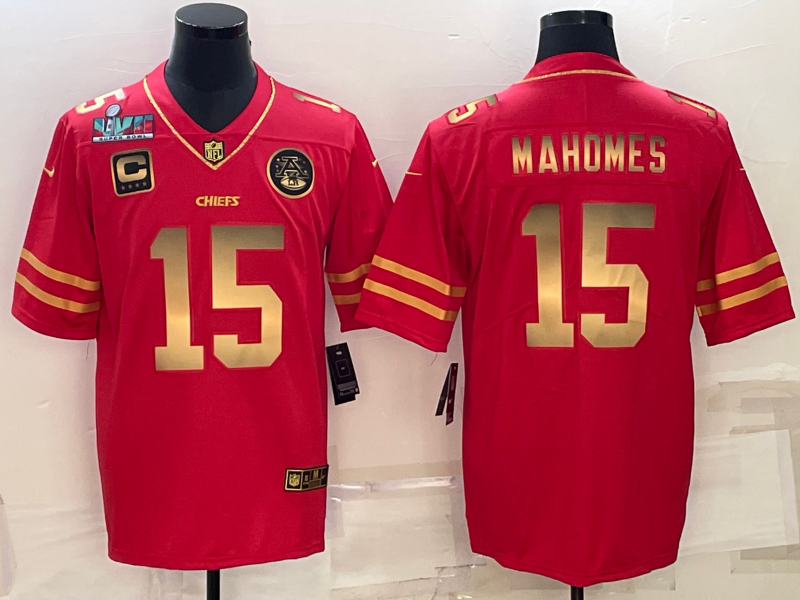 Men’s Kansas City Chiefs #15 Patrick Mahomes Red Gold Super Bowl LVII Patch And 4-star C Patch Vapor Untouchable Limited Stitched Jersey Men’s Kansas City Chiefs #15 Patrick Mahomes Red Gold Super Bowl LVII Patch And 4-star C Patch Vapor Untouchable Limited Stitched Jersey